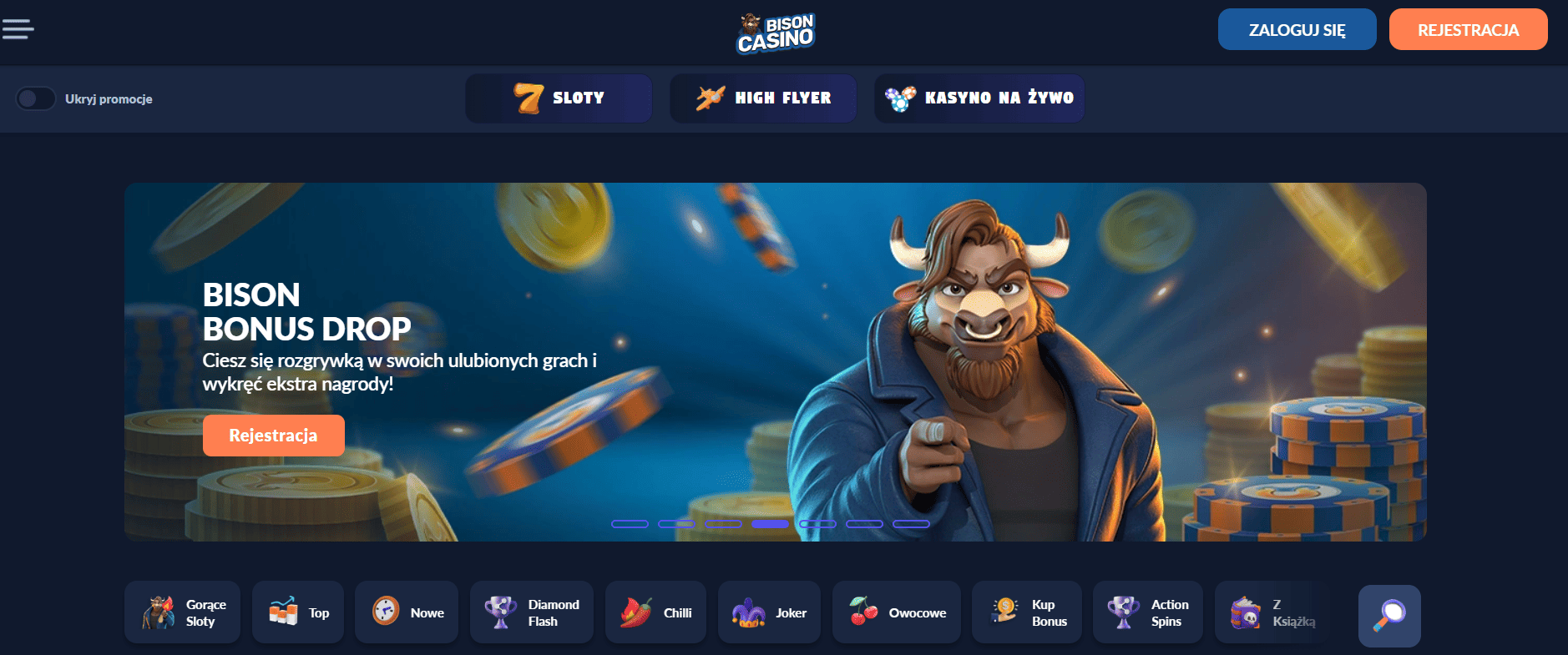 Strona główna Bison Casino PL – interfejs i gry